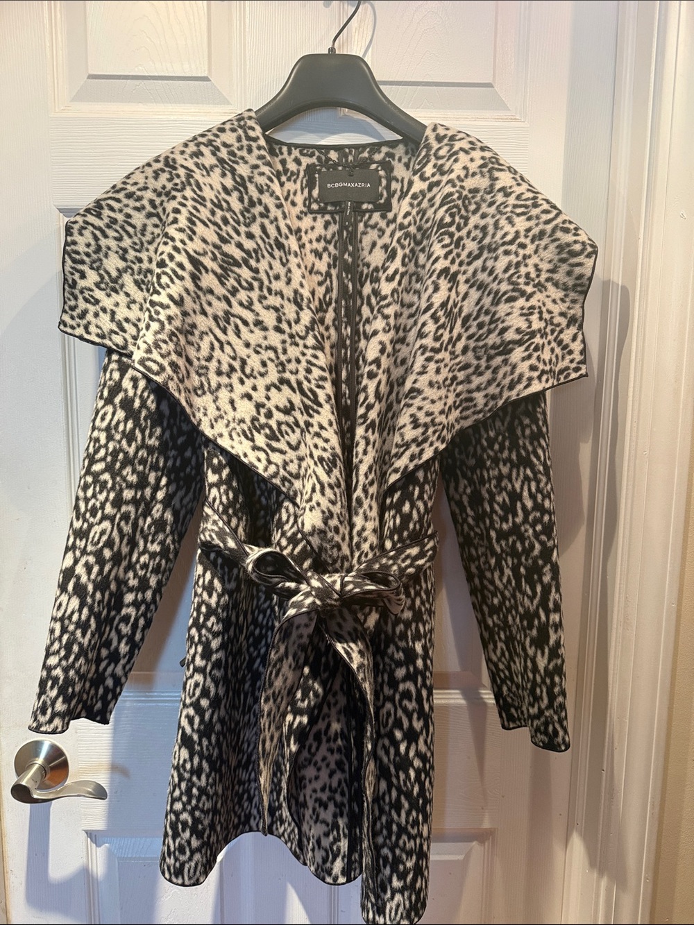 BCBGMaxAzria Leopard-Print Belted Wrap Coat with Hood
